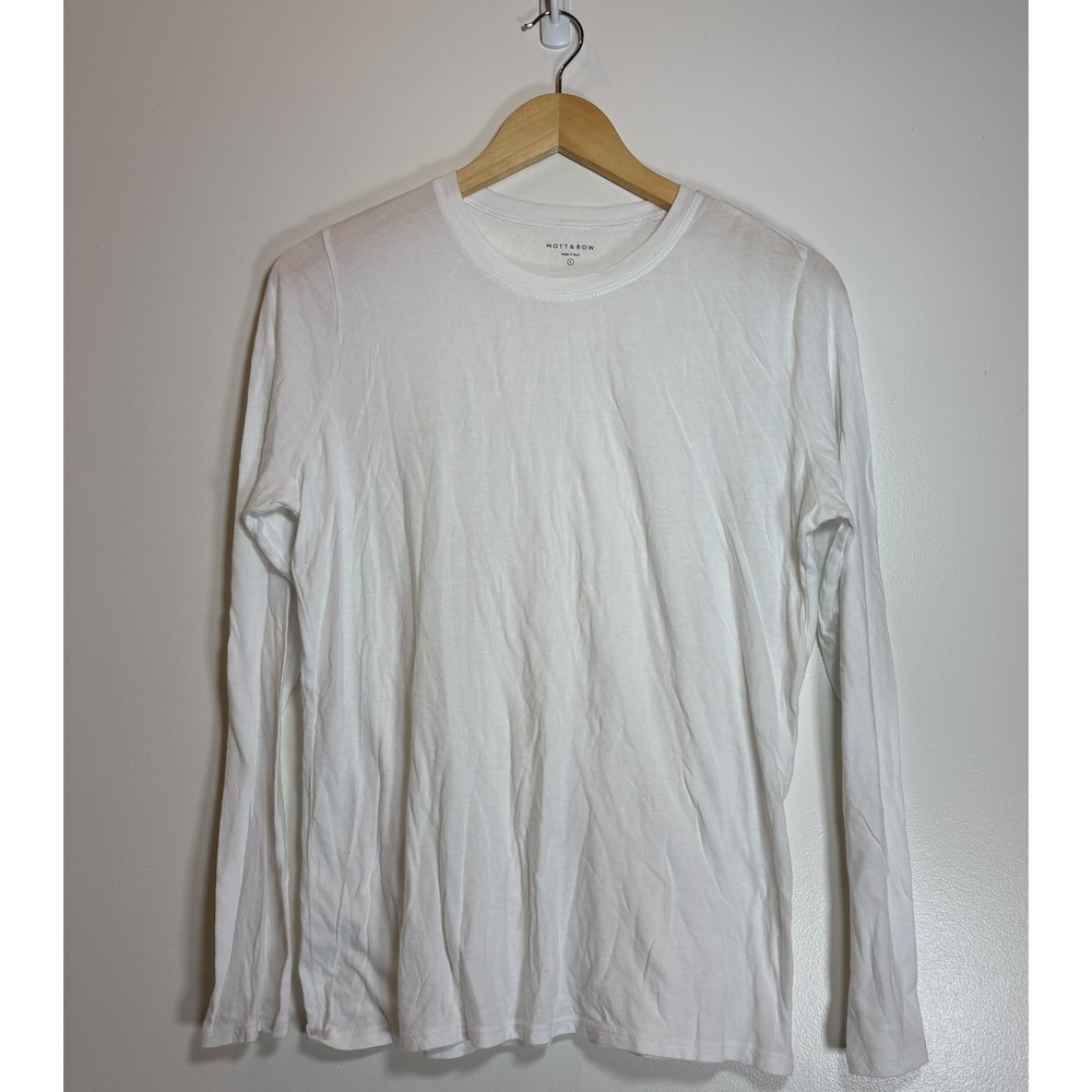 Mott & Bow Mens Large Driggs Long Sleeve Crewneck T-Shirt White Peruvian Cotton